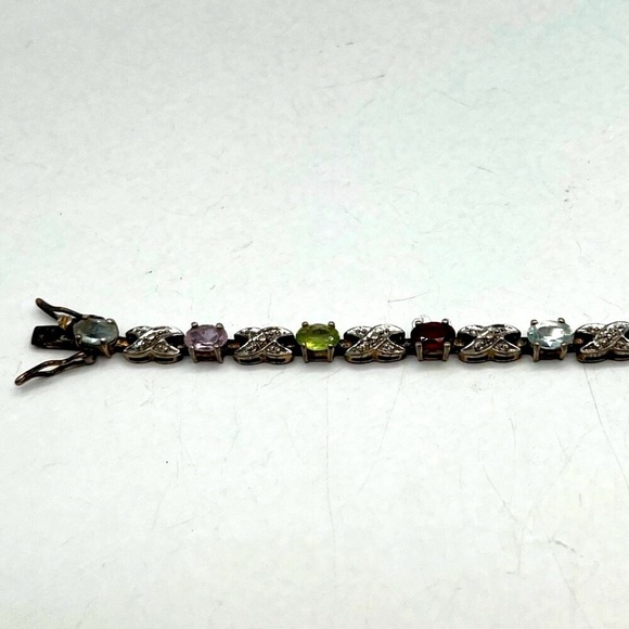 Vintage Multi-Stone Sterling Silver Bracelet With X Design & Gemstones    B19 - Picture 11 of 14